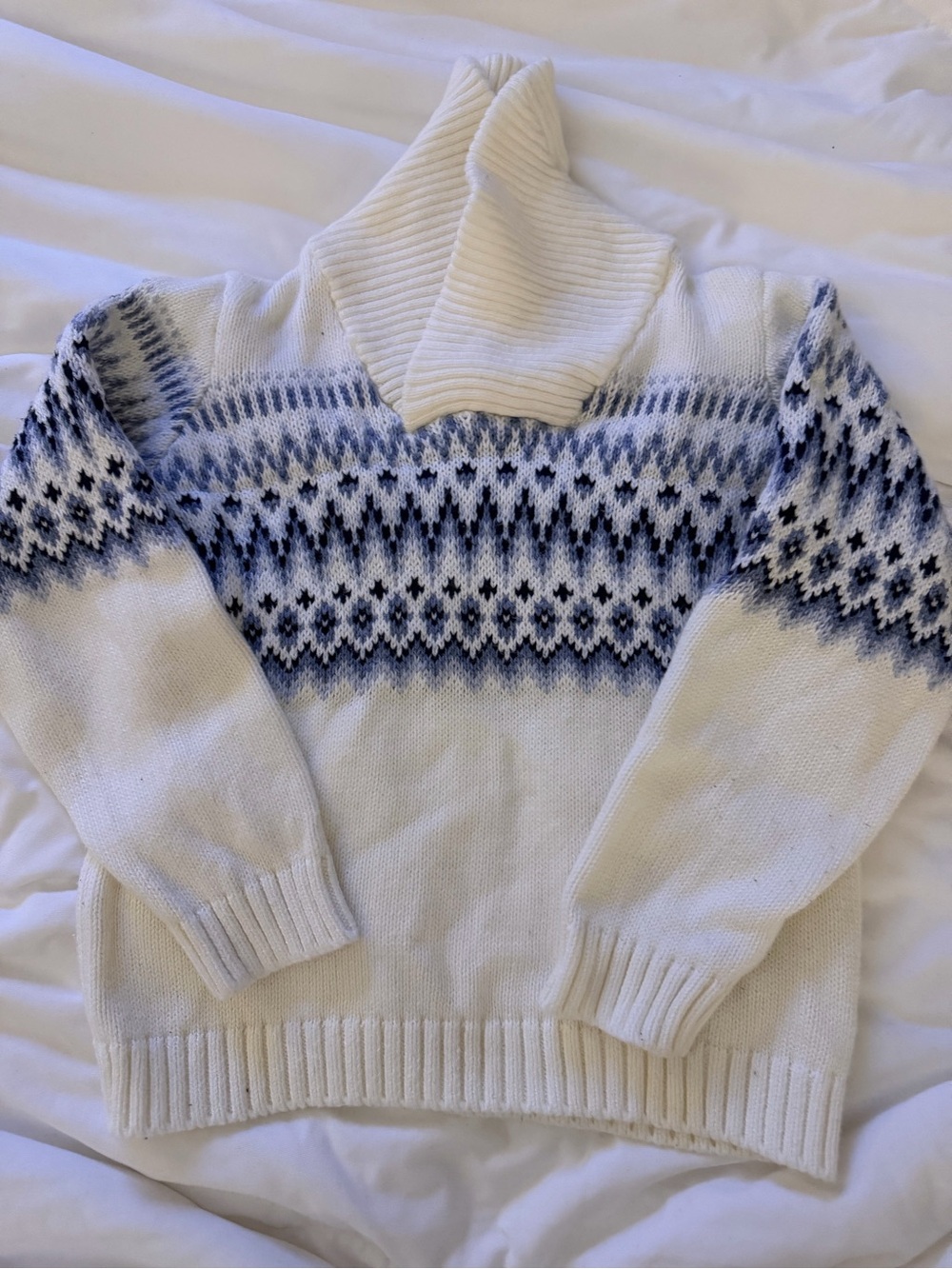 Janie and Jack | Boy’s Fair Isle Shawl Collar Sweater | Cream & Blue | 2T